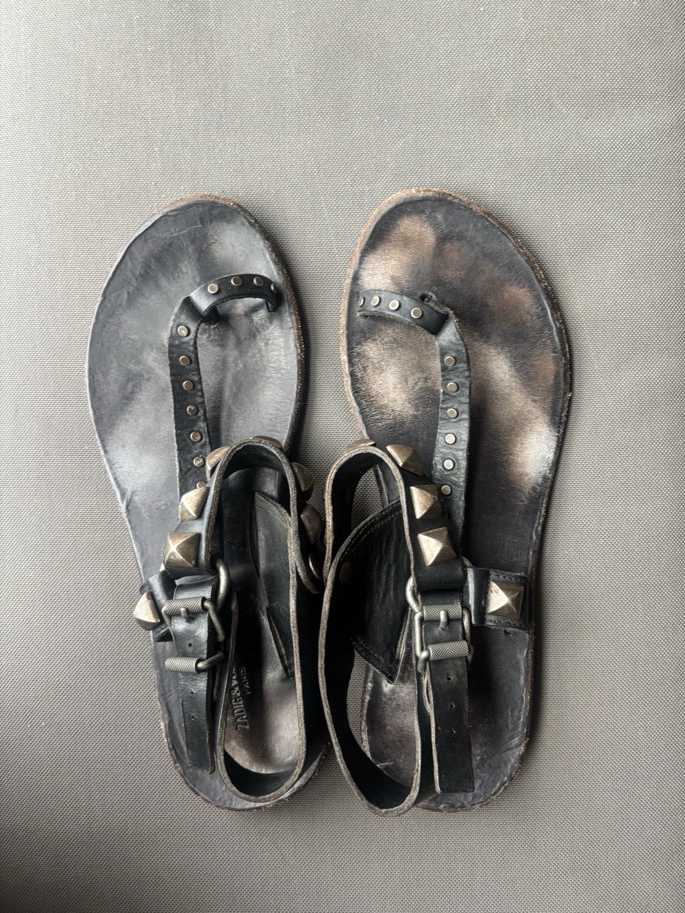 Zadig & Voltaire Black Studded Leather T-Strap Sandals